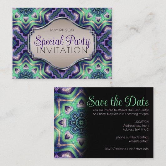 Paarse groene pauw mandala modern middeleeuws informatiekaartje (Voorkant / Achterkant)