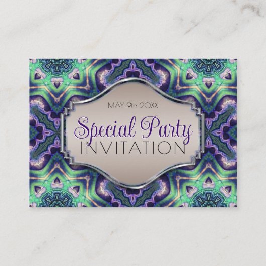 Paarse groene pauw mandala modern middeleeuws informatiekaartje (Voorkant)