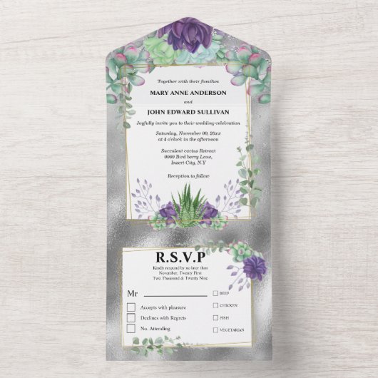 Paarse groene pauw waterverf succulair plant all in one uitnodiging (Binnen)