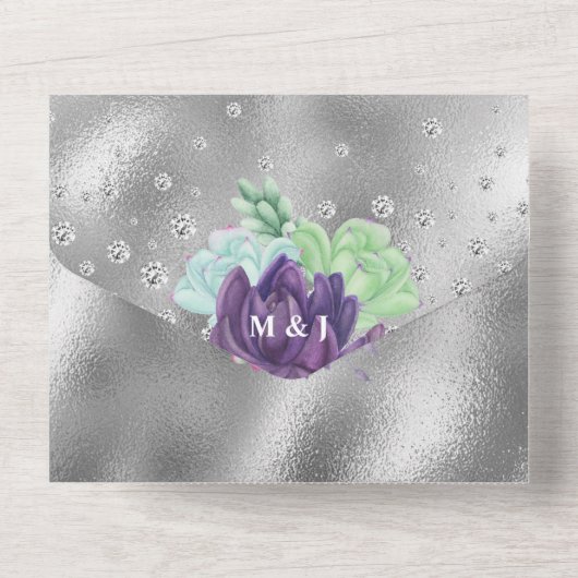 Paarse groene pauw waterverf succulair plant all in one uitnodiging (Achterkant)