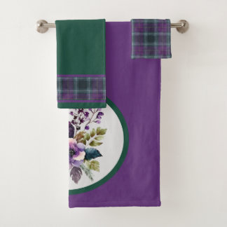 Paarse Groene Plaid Bloemen Design Bad Handdoek