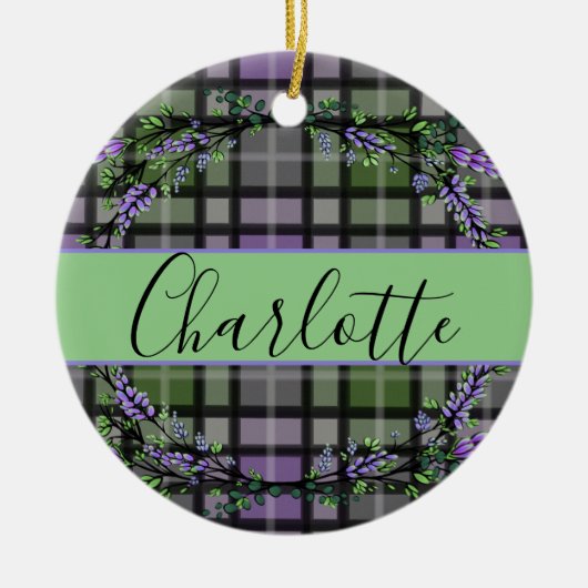 Paarse groene plaid lavendel eucalyptus keramisch ornament (Voorkant)