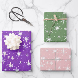Paarse groene puinroze kerstsnowflake set van gro inpakpapier vel
