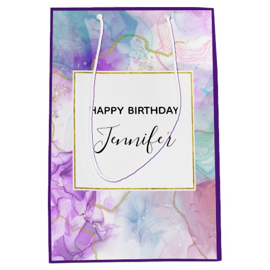 Paarse, groene, roze stromende kleuren klassy Birt Medium Cadeauzakje (Voorkant)