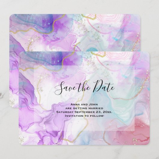 Paarse, groene, roze stromende kleuren legant brui save the date (Voorkant / Achterkant)