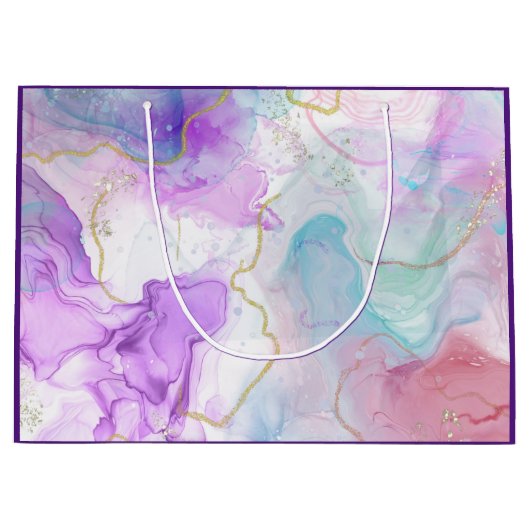 Paarse, groene, roze stromende kleuren legant groot cadeauzakje (Voorkant)