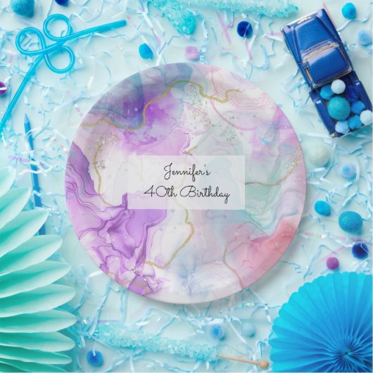 Paarse, groene, roze stromende kleuren legant papieren bordje (Feest)