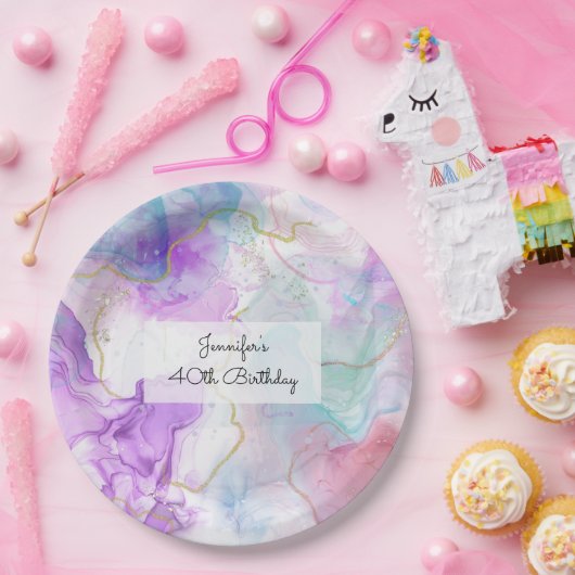 Paarse, groene, roze stromende kleuren legant papieren bordje (Feest)