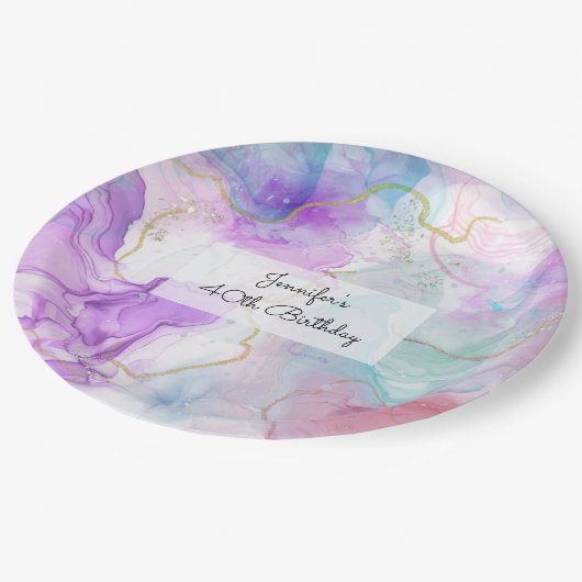 Paarse, groene, roze stromende kleuren legant papieren bordje (Gekanteld)