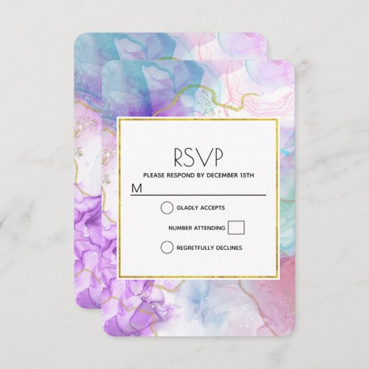 Paarse, groene, roze stromende kleuren legant RSVP kaartje (Voorkant / Achterkant)