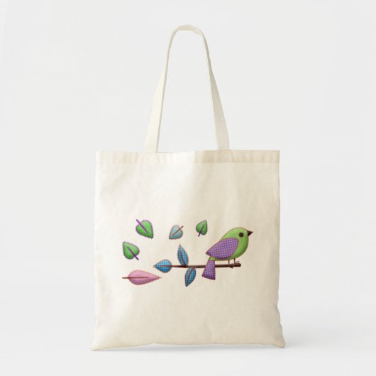 Paarse groene roze vogel met borduurbladeren tote bag (Voorkant)