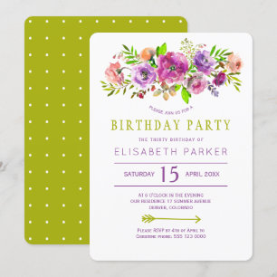 Paarse groene rustieke bloemrijke boheemse verjaar kaart