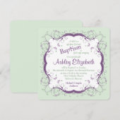 Paarse groene scrollen Floral Baptism Kaart (Voorkant / Achterkant)