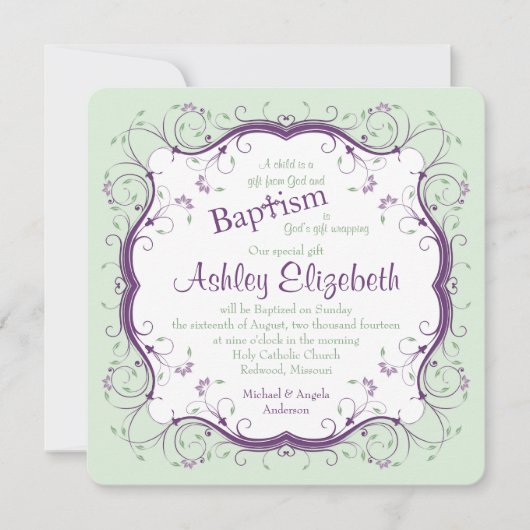 Paarse groene scrollen Floral Baptism Kaart (Voorkant)