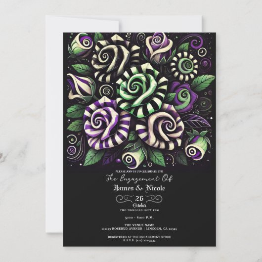 Paarse Groene Streep Bloemen Halloween Verloving Kaart (Voorkant)