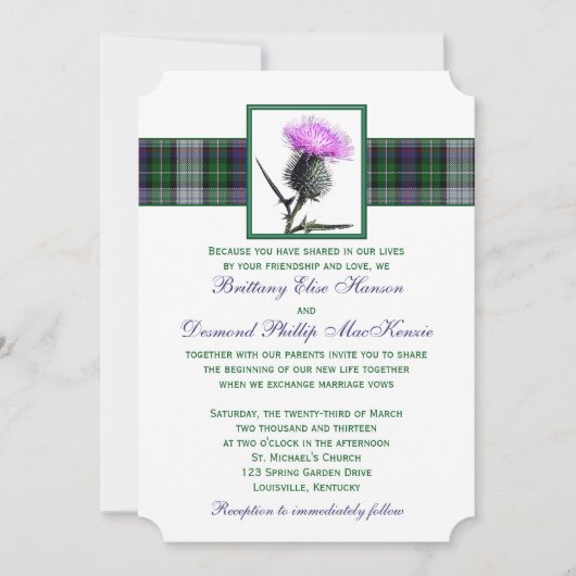 Paarse Groene Tartan Thistle bruiloft uitnodiging (Voorkant)
