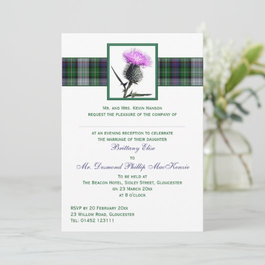 Paarse Groene Tartan Thistle Evening Weddenschap Kaart (Staand voorkant)