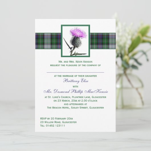Paarse Groene Tartan Thistle Weddenschap Kaart (Staand voorkant)