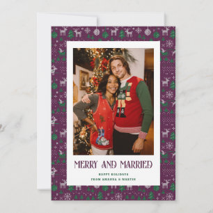 Paarse Groene Ugly Sweater Married en Merry Foto Feestdagenkaart