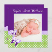 Paarse groene vlinder foto geboorte aankondiging (Voorkant / Achterkant)