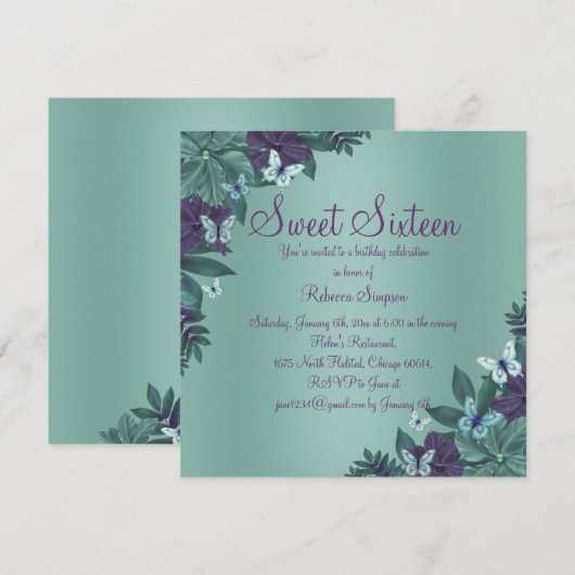 Paarse & Groene Vlinder Sweet 16 Uitnodigen Kaart (Voorkant / Achterkant)