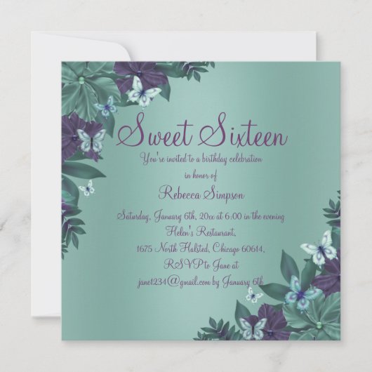Paarse & Groene Vlinder Sweet 16 Uitnodiging (Voorkant)