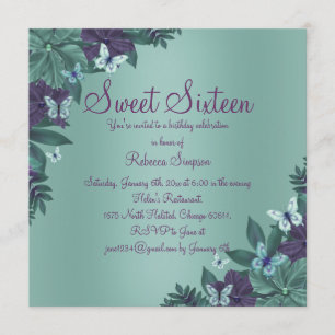 Paarse & Groene Vlinder Sweet 16 Uitnodiging