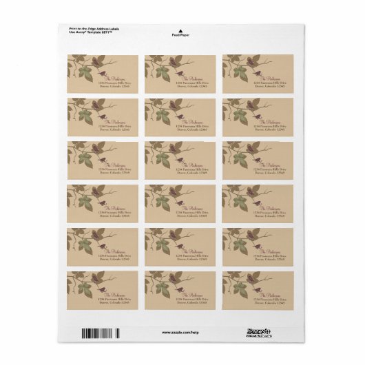 Paarse Groene Vogels Bladeren Herfst Trouwadres Etiket (Full Sheet)