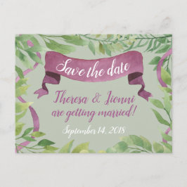 Paarse & groene Waterverf bladeren - Save the Date Aankondigingskaart
