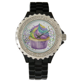 PAARSE GROENE WATERVERF MARDI GRAS CUPCAKE HORLOGE