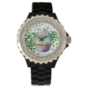 PAARSE GROENE WATERVERF MARDI GRAS CUPCAKE HORLOGE