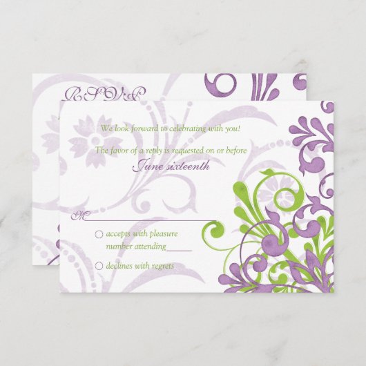 Paarse Groene Witte Abstracte Bloemenbruiloft rsvp (Voorkant / Achterkant)