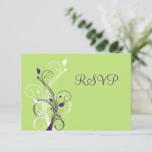 Paarse Groene Witte Bloemen RSVP-Kaart RSVP Kaartje (Staand voorkant)