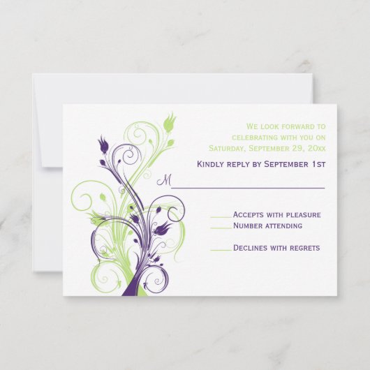 Paarse Groene Witte Bloemen RSVP-Kaart RSVP Kaartje (Achterkant)