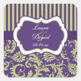 Paarse, Groene, Witte Damask Bruiloft Sticker