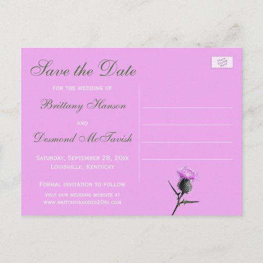 Paarse groene witte distel Save the Date Briefkaar Aankondigingskaart (Achterkant)