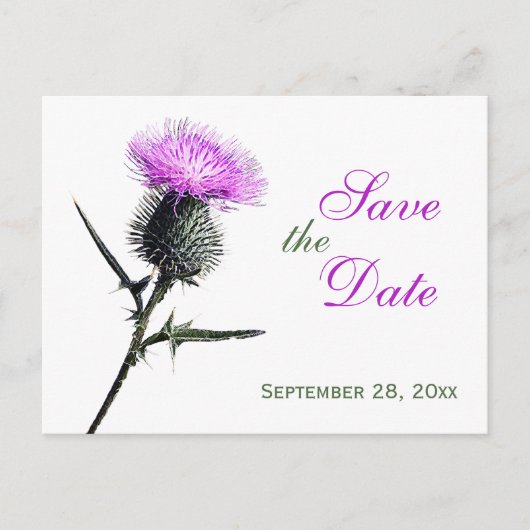 Paarse groene witte distel Save the Date Briefkaar Aankondigingskaart (Voorkant)