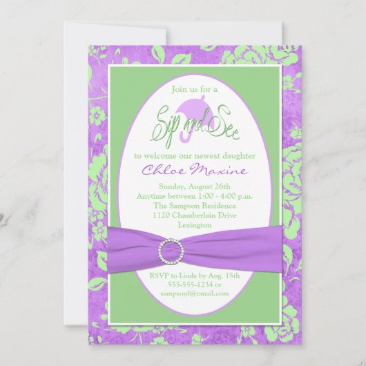 Paarse groene witte Floral Sip en zie uitnodiging (Voorkant)