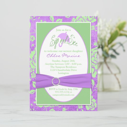 Paarse groene witte Floral Sip en zie uitnodiging  (Staand voorkant)