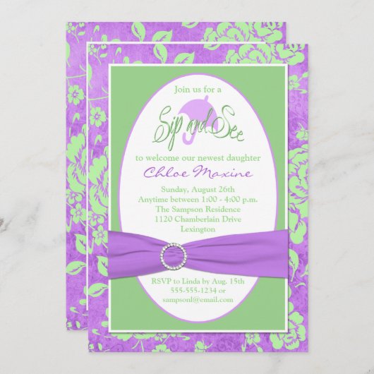 Paarse groene witte Floral Sip en zie uitnodiging  (Voorkant / Achterkant)