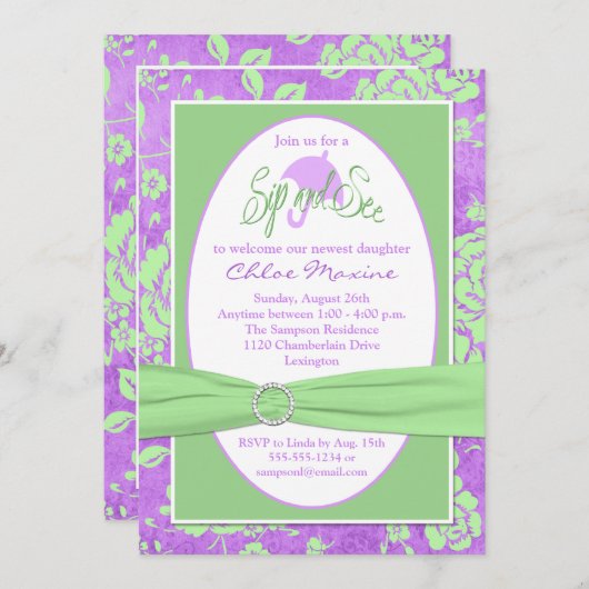 Paarse groene witte Floral Sip en zie Uitnodiging (Voorkant / Achterkant)