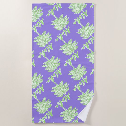 Paarse Groene Witte Palm Aloha Tropical Strandlaken (Voorkant)