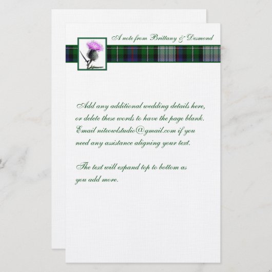 Paarse, Groene, Witte Tartan en Distel Stationery Briefpapier (Voorkant / Achterkant)