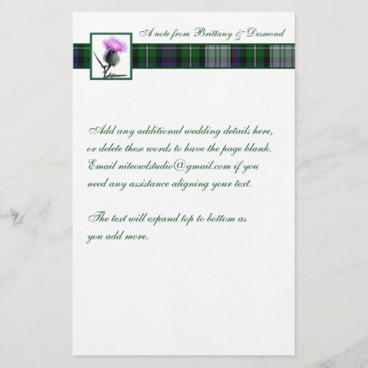 Paarse, Groene, Witte Tartan en Distel Stationery Briefpapier (Voorkant)