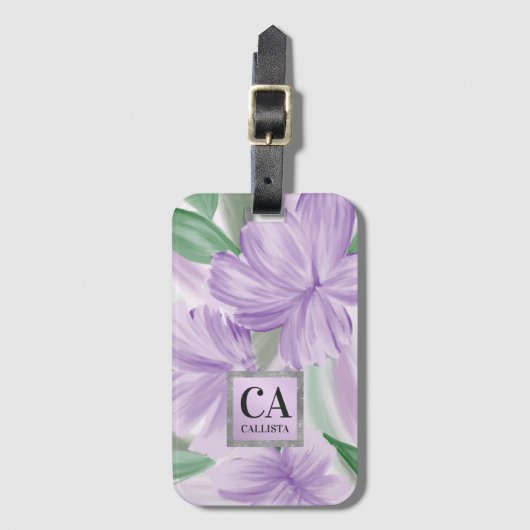 Paarse groene zilver Floral Glitter Monogram Bagagelabel (Voorkant (verticaal))
