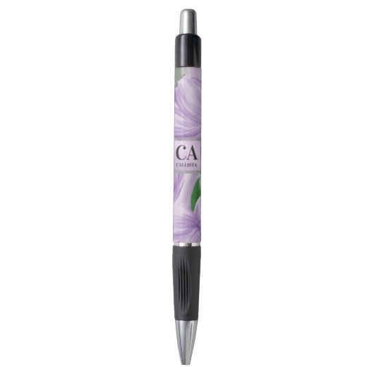 Paarse groene zilver Floral Glitter Monogram Pen (Voorkant Verticaal)