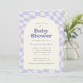 Paarse Groovy 70s Checkerboard Baby shower Kaart (Staand voorkant)