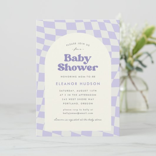 Paarse Groovy 70s Checkerboard Baby shower Kaart (Staand voorkant)
