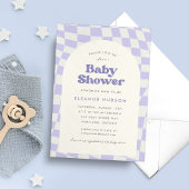 Paarse Groovy 70s Checkerboard Baby shower Kaart