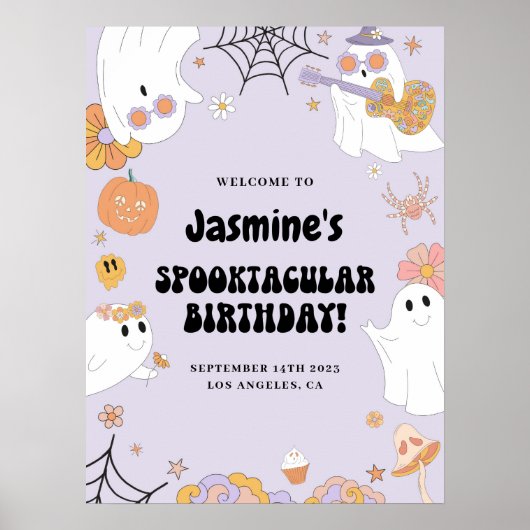 Paarse Groovy Ghost Birthday Welkomstteken Poster (Voorkant)